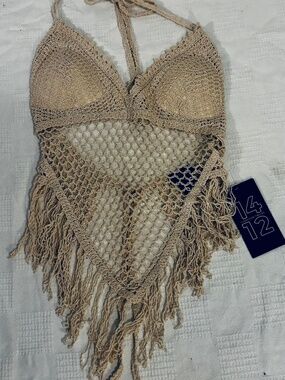 1412 Crochet Fringe Halter Top Open Back Sz Large